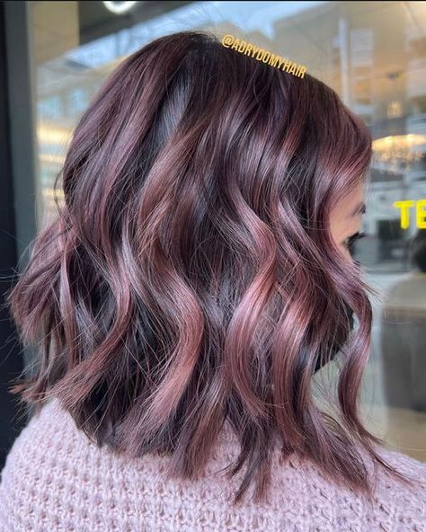 Ash Mauve Hair, Chocolate Mauve Hair Bayalage, Brown Mauve Hair, Dusty Mauve Hair Color, Chocolate Mauve Hair Color, Short Haircut Color, Mauve Balayage, Mauve Hair Color, Chocolate Mauve Hair