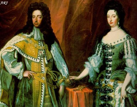 William of Orange and Mary II Stuart.  She was the oldest surviving child of King James II and Anne Hyde,  and inherited the throne when her father was deposed.  William was her cousin as well as husband, and they ruled England jointly and equally.  They had no heirs, so their successor was Mary's sister, Anne. Scottish Royalty, Glorious Revolution, Kings And Queens Of England, Queen Mary Ii, House Of Stuart, English Monarchs, Queens Of England, Prince Of Orange, Uk History