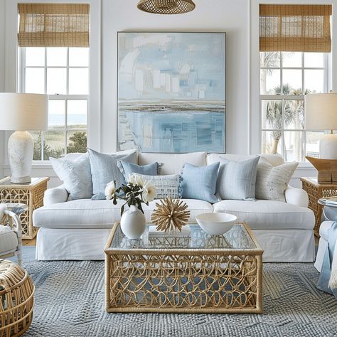 Hampton Style Beach House, Costal Grandma Aesthetic Living Room, Coastal Living Room Apartment, Serena And Lily Living Room, Coastal Modern Living Room, Sunny Living Room, Blue Apartment, Modern Coastal Living Room, Chic Living Room Decor