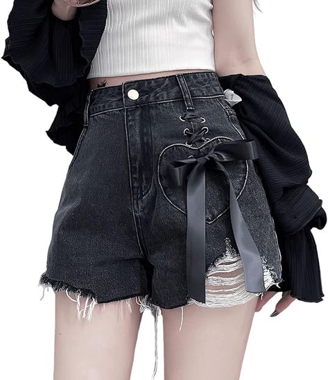 ZLMuMulin Y2K Harajuku Style Kawaii Pastel Gothic Fashion High Waisted Wide Leg Vintage Ribbon Ripped Jeans Shorts Goth Kawaii Fashion, Drama Clothes, Harajuku Fashion Kawaii, Ripped Jeans Shorts, Kawaii Shorts, Grey Clothing, Y2k Harajuku, Frock Fashion, Style Kawaii