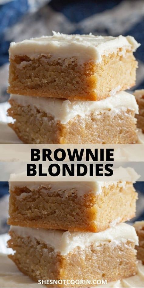 This easy recipe for brownie blondies has easy to follow step-by-step instructions and photos. These brownies have a dense texture, sweet butterscotch flavour and a luscious cream cheese icing. Church Desserts, Chocolate Coconut Brownies, Blondies Brownies, Blondies Recipe Easy, Blondie Recipes, Blondie Recipe, Blondies Recipe, Blondie Brownies, Brownies Recipe