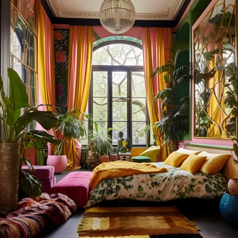 Maximalist Luxury Bedroom, Nature Maximalist Decor, Jungle Maximalist Bedroom, Maximalist Feminine Bedroom, Mcm Maximalist Bedroom, Yellow Maximalist Bedroom, Colorful Maximalist Interior Design, Maximalist Comforter, Orange Maximalist Living Room