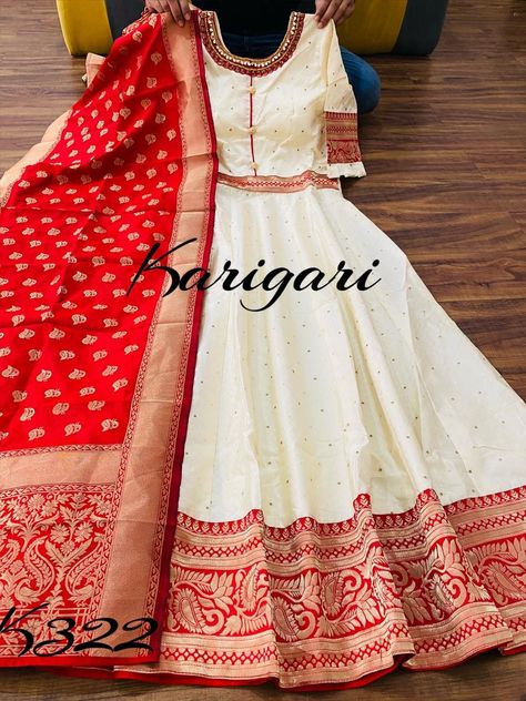 Zari weaving Heavy Banarasi Gown With Dupatta | ₹ 1399 | FREE SHIPPING | WATSAPP 9004688543 Banarasi Gown, Gown With Dupatta, Ethnic Dresses, Gold Bride Jewelry, Bride Jewelry, Cream Colour, Ethnic Dress, Bride Jewellery, Hand Work