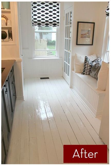 Great before and after pictures on this website! Love the bright white glossy!! White Painted Wood Floors, White Painted Floors, Painted Wooden Floors, Painted Hardwood Floors, Painted Floorboards, Hardwood Bedroom Floors, Painted Wood Floors, White Wood Floors, Floor Makeover