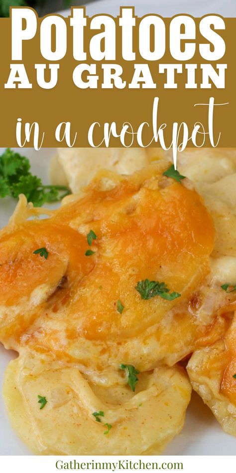 This recipe for Crock Pot au gratin potatoes is the perfect Thanksgiving side dish.  Goes well with roasted turkey and all the other delicious favorite Thanksgiving recipes. Ya Gratin Potatoes, Crockpot Augratin Potatoes Recipe, Homemade Potatoe Augratin, Boxed Au Gratin Potatoes Crockpot, Potato Au Gratin Crock Pot, Potato’s Au Gratin Easy, Thanksgiving Potato Casserole, Crockpot Potatoes Au Gratin, Boxed Au Gratin Potato Recipes