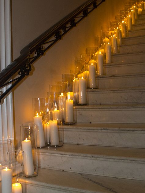 Candle Stairs Wedding, Staircase With Candles, Candle Entryway Wedding, Candles On Stairs Wedding, Candles On Stairs, Staircase Candles, Candle Staircase, Candle Lit Aisle, Candle Isle