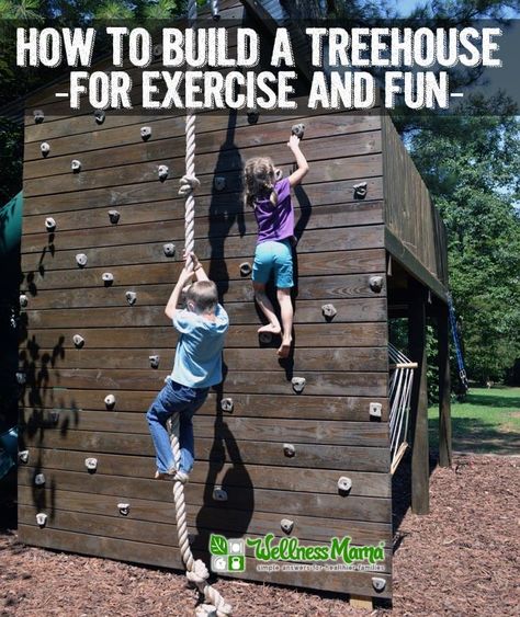 Our homemade treehouse that is great for exercise and creative play in kids with monkey bars, a climbing wall, a rope, a slide, zip line and slack line. Patio Chico, Simple Tree House, Tree House Ideas, Kids Tree, Treehouse Ideas, Building A Treehouse, Tree House Plans, Tree Fort, Tree House Diy