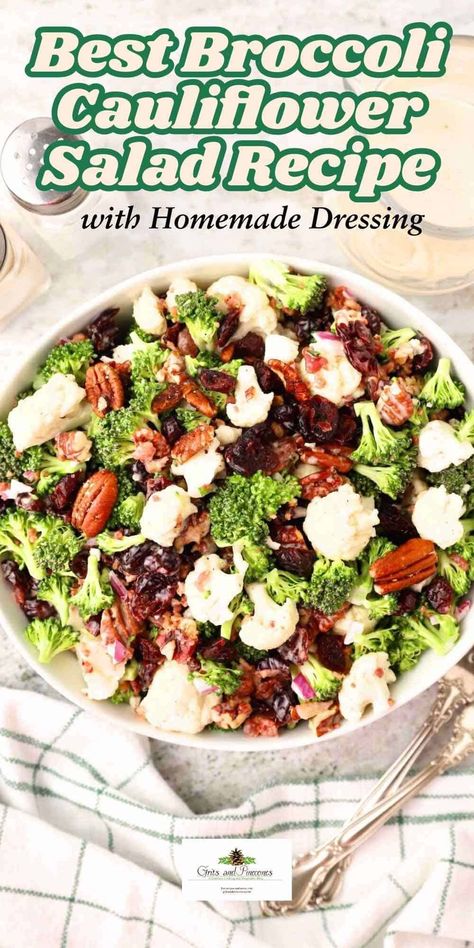 Broccoli Cauliflower Cranberry Salad with Bacon is the best broccoli salad recipe for any occasion! This vibrant winter salad is perfect for Christmas or holiday salad, featuring crisp broccoli and cauliflower, sweet-tart cranberries, smoky bacon, and crunchy pecans. Tossed in a creamy homemade dressing, it’s a delicious make-ahead salad that’s easy to prepare and perfect for a crowd. Save this pin for later and add it to your holiday menu for a colorful, crowd-pleasing side dish! Broccoli Cauliflower Salad With Raisins, Easy Broccoli Cauliflower Salad, Broccoli Pomegranate Salad, Southern Living Broccoli Salad, Easy Healthy Broccoli Salad, Cauliflower And Broccoli Salad Recipes, Winter Broccoli Salad, Christmas Broccoli Salad, Easy Salad Recipes For A Crowd