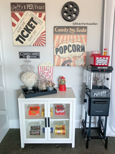 Movie room, theater room, kid popcorn, candy, snacks, family room furniture, modern farmhouse glam, media room Cinema Living Room Decor, Movie Theater Popcorn Machine, Man Cave Ideas Game Room, Media Room Popcorn Bar, Movie Room Design Ideas, Movie Theatre Living Room Ideas, Movie Theater Wall Decor, Popcorn Wall Decor, Cinema Room Accessories