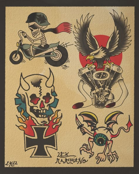 Flash sheet skull shovel head Harley Davidson eagle Traditional Biker Tattoo Old School, Old School Biker Tattoos, Traditional Biker Tattoo, Traditional Skull Tattoo Design, Ftw Tattoo, Biker Tattoos Designs, Utah Tattoo, Traditional Skull, Traditional Tattoo Flash Sheets