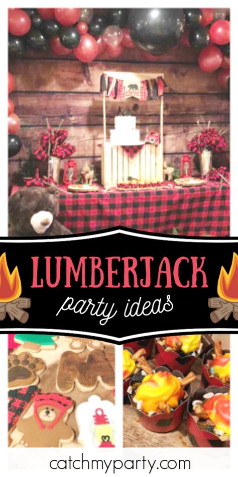 Birthday Camping Theme, Lumberjack Birthday Party Decorations, Lumberjack Fashion, Lumberjack Party Ideas, Christmas In The Forest, Plaid Decorations, Inexpensive Baby Shower Favors, Camping Baby Shower Theme, Lumberjack Party Decorations