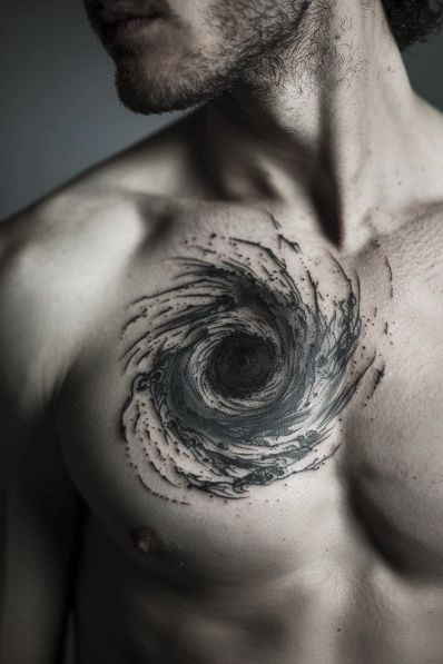 23+ Creative Space & Galaxy Tattoo Ideas Space Chest Tattoo Men, Galaxy Tattoo Shoulder, Aerospace Tattoo, Space Chest Tattoo, Black Hole Tattoo Design, Super Nova Tattoo, Sonder Tattoo Ideas, Shaman Tattoos, Dark Abstract Tattoo