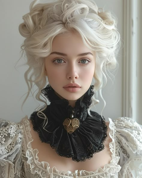 White hair #victorian #journal #junkjournal #vintagestyle Victorian Hairstyles Women, Victorian Woman Hairstyle, Victorian Inspired Hair, Victorian Women Hairstyles, Victorian Hairstyles With Bangs, Victorian Goth Hair, Gothic Victorian Hairstyles, Victorian Goth Hairstyles, Victorian Vampire Hairstyles