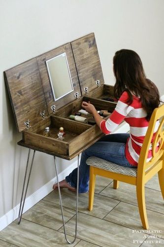 In my last post I revealed our Modern Barn Door: An easy solution for awkward entries. I'm back today for the complete details on how we built our three, contem… Makeup Vanity Plans, Diy Makeup Vanity Plans, Diy Makeup Vanity Table, Diy Vanity Table, Hairpin Legs Diy, Vanity Diy, Diy Makeup Vanity, Makeup Table Vanity, Wooden Vanity