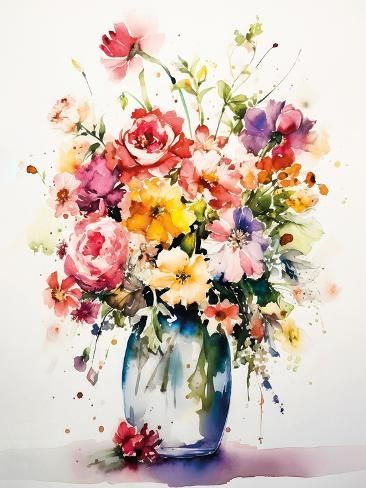 size: 12x9in Art Print: Vibrant Bouquet by Incado : Watercolor Still Life, Bouquet Art, Vibrant Bouquet, Painting Pastel, Water Colours, Water Flowers, Watercolor Flower, Water Colour, Floral Bouquets