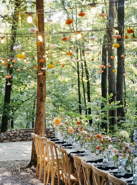 Forest Festival Wedding, Intimate Whimsical Wedding, Wedding Forest Flowers, Woodsy Summer Wedding, Colorful Cottagecore Wedding, Wedding In Forest Decoration, Wild Flower Backyard Wedding, Wildflower Woods Wedding, Woodland Wildflower Wedding