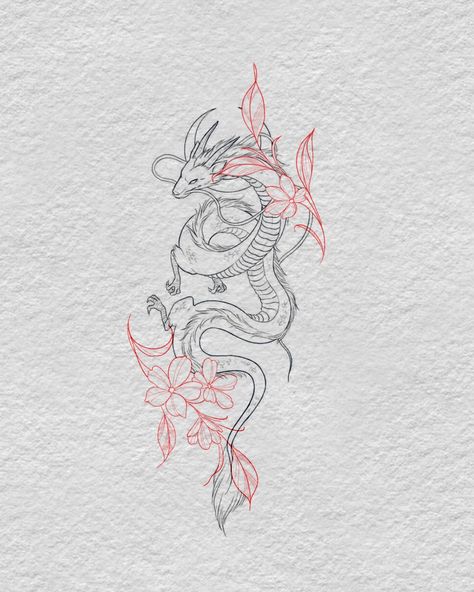 Red Dragon Tattoo With Cherry Blossoms, Women Tattoos Dragon, Spider Lily With Dragon Tattoo, Leo Dragon Tattoo, Red Spider Lily Dragon Tattoo, Ethereal Tattoo Stencil, Escapism Tattoo Ideas, Feminine Japanese Sleeve, Filipino Dragon Tattoo