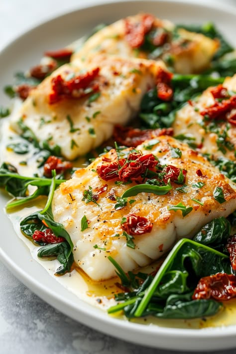 Creamy Keto Tuscan Cod with Spinach and Sun-Dried Tomatoes - I Eat Keto Mahi Mahi Recipes Sun Dried Tomato, Creamy Keto Tuscan Cod With Spinach, Fish Vegetables Recipes, Cod Tomatoes White Wine, Low Carb Meals Fish, Keto Pescetarian Recipes, Lie Carb Recipes, Meals For People With No Gallbladder, Cod With Spinach And Tomatoes