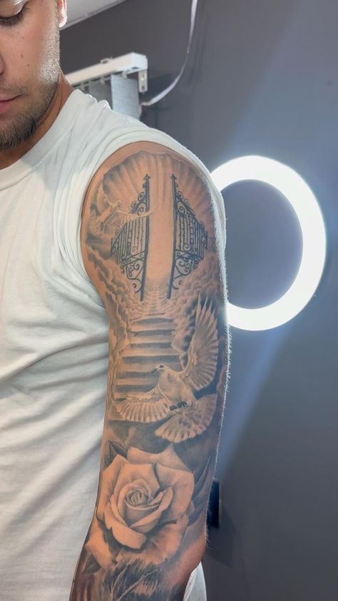 Men Tattoo Sleeve, Boyfriend Tattoos, Dove And Rose Tattoo, Jesus Forearm Tattoo, Armor Sleeve Tattoo, Shoulder Piece Tattoo, Mens Full Sleeve Tattoo, Arm Tattoos Lettering, Shoulder Armor Tattoo