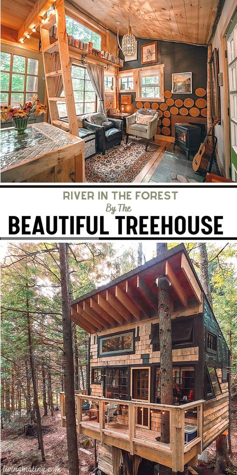 Our project today is a magnificent tree house where you can be alone in nature away from the hustle and bustle of life. #tinyhouse #treehouse #treehotel #usa #treehouseinusa #tinyhomes Tree House Guest House, Tree House Tiny House, Livable Tree Houses, Tree House For Adult, Tiny Home Tree House, Tree House Designs Simple, Small Tree House Interior, Treehouse Aesthetic Inside, Treehouse For Adults