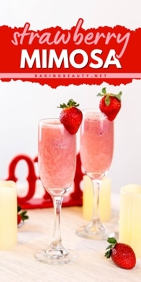 My easy, make-ahead Strawberry Mimosas are fruity, creamy, and so easy to make. They only require a few ingredients and taste like strawberry sherbet! Strawberry Mimosa Recipe, Strawberry Mimosas, Strawberry Champagne Cocktail, Strawberry Sherbet, Best Alcoholic Drinks, Friends At A Party, Strawberry Mimosa, Spring Drink, Spring Cocktails Recipes