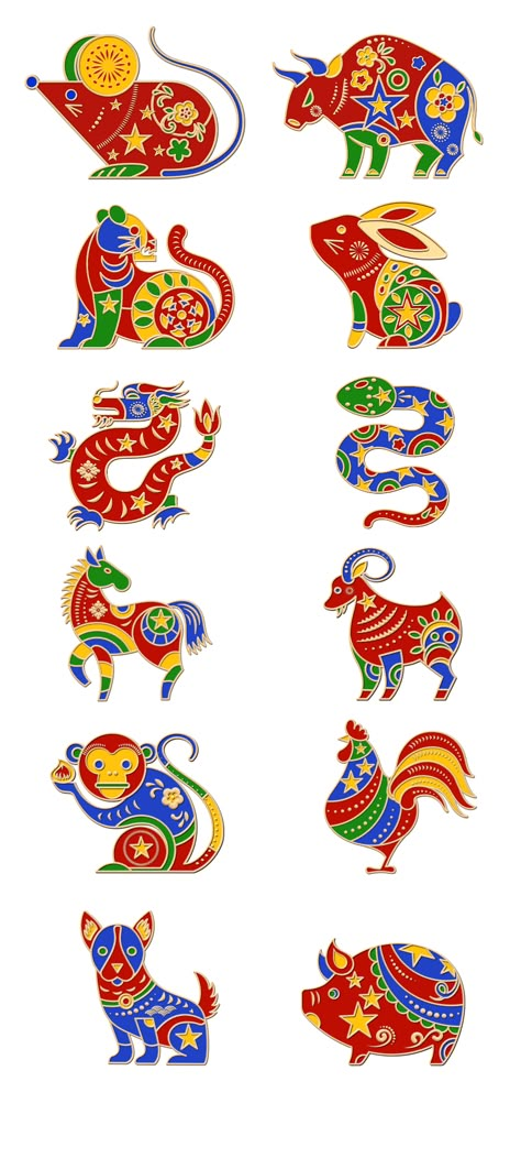 Chinese Zodiac Signs on Behance Chinese Zodiac Art Illustrations, Chinese Animal Art, Chinese Dragon Graphic Design, Chinese Zodiac Signs Art, Lunar New Year Graphic Design, 12 Zodiac Signs Art, Chinese New Year Design Illustration, Chinese Zodiac Illustration, Christmas Sticker Ideas