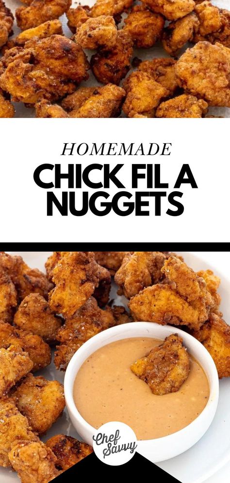 Learn How to Make Homemade Copycat Chick Fil A Nuggets Recipe! Chick Fil A Nuggets are a delicious homemade copycat recipe that are the perfect alternative to going to the drive-thru! Featuring tender chicken breast coated in a flavorful, crispy coating and dipped in your favorite Chick Fil A sauce! Follow Chef Savvy for more chicken Recipes and Christmas Recipes! Spicy Chicken Nuggets Recipe, Chick Fil A Chicken Recipe, Chick Fil A Nuggets Recipe, Chik Fil A Chicken, Easy Chicken Nuggets, Copycat Chick Fil A Nuggets, Friday Dinners, Chick Fil A Chicken Nuggets, Easy Healthy Chicken Recipes