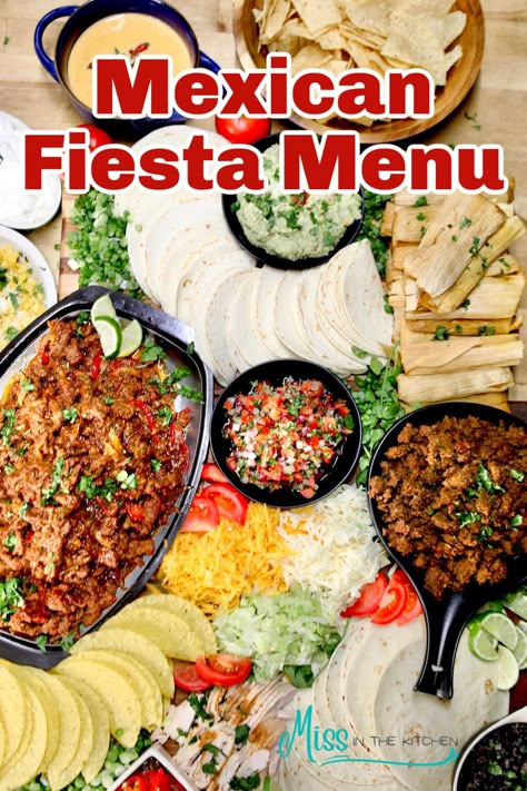 This easy Mexican Fiesta Menu is perfect to feed a crowd. The best Mexican-inspired dishes that are easy to make at home. Mexican Fiesta Menu Ideas, Mexican Menu Ideas Dinner Parties, Mexican Buffet Recipes, Food For Mexican Party, Mexican Lunch Party, Mexican Food Bar Ideas, Mexican Wedding Menu Ideas, Mexican Meals For A Crowd, Mexican Food For Large Group