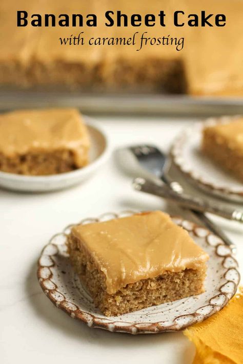 Banana Sheet Cake combines a moist banana cake with a decadent caramel frosting. This cake makes a great dessert to take to potlucks or family gatherings, and is over-the-top delicious! Banana Sheet Cake, Banana Sheet Cakes, Butter Glaze, Banana Cake Recipe, Caramel Frosting, Sheet Cake Recipes, Browned Butter, Favorite Dessert Recipes, Banana Recipes