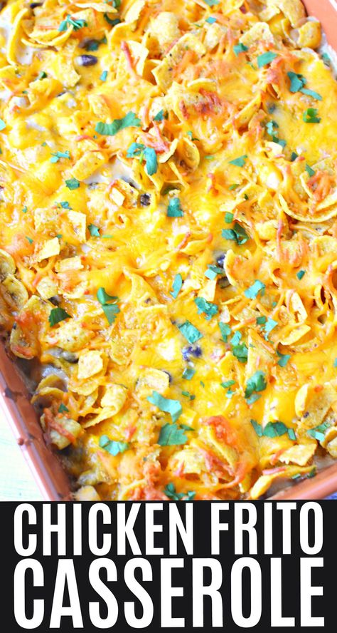 Chicken Fritos Casserole, Chicken Frito Pie Recipe, Fritos Chicken Casserole, Mexican Chicken Casserole With Fritos, Chicken Chili Frito Pie, Frito Casserole Recipes, Frito Mexican Casserole, Chicken Finger Casserole, Frito Chips Recipes