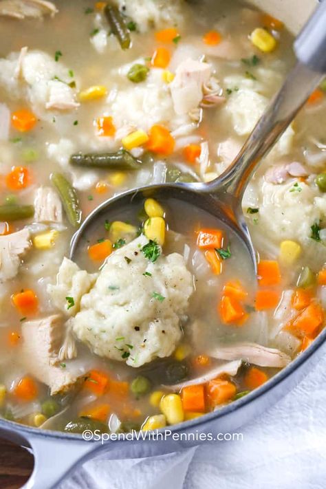 This leftover turkey soup is made from scratch using leftover turkey and vegetables from the holidays! With fluffy drop dumplings cooked right in the soup this homemade turkey and dumpling soup is so easy and delicious! #spendwithpennies #dropdumplings #turkeysoup #souprecipe #leftoverturkeyrecipe #maindish Chicken And Dumpling Soup, Potato Dumpling, Soup With Dumplings, Turkey And Dumplings, Drop Dumplings, Turkey Chops, Leftover Turkey Soup, Warm Soup Recipes, Fall Eats