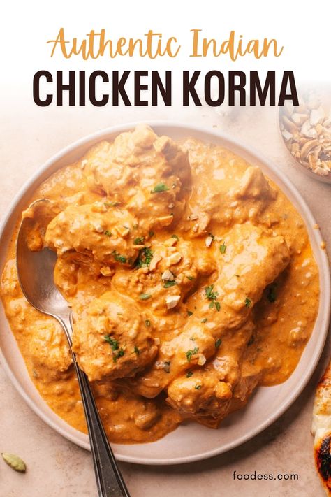 If you're looking for the ultimate chicken curry, this authentic Indian Chicken Korma recipe is the one to try! It features succulent boneless chicken simmered in a nutty and creamy korma sauce infused with a blend of spices, making it a dish your family will crave time and time again. Pair it with some butter naan for a truly unforgettable meal. It is so easy to prepare and is an ideal choice for a special dinner party or gathering. Head to my blog now for the full recipe and video tutorial! Chicken Korma Recipe Indian Foods, Indian Chicken Korma, Best Curry Recipe, Vegetarian Korma, Korma Sauce, Indian Chicken Curry Recipe, Naan Roti, Butter Naan, Indian Chicken Curry