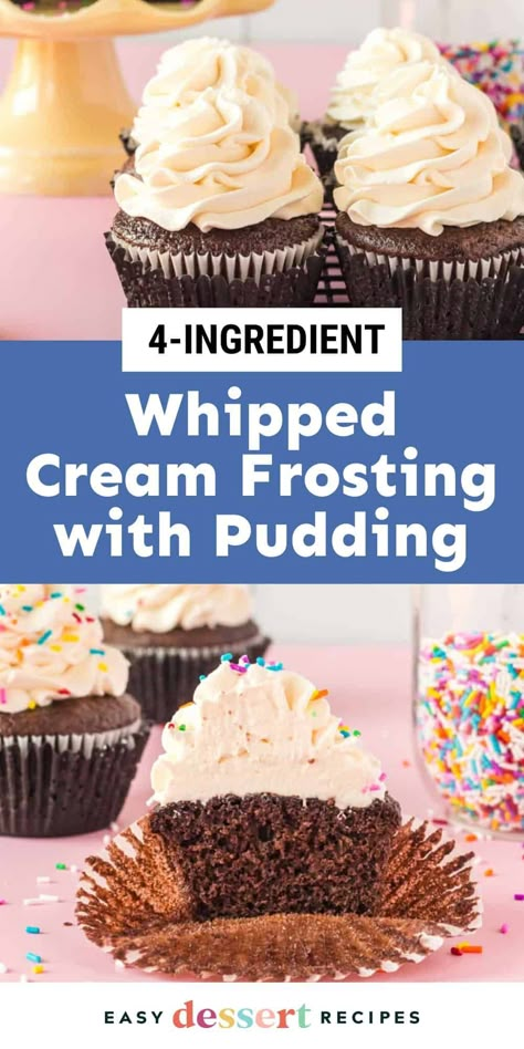 Stabilized Whipped Cream with Pudding Recipe - Easy Dessert Recipes Pudding Icing Recipe Without Cool Whip, Heavy Cream And Pudding Frosting, Stabilized Whip Cream Frosting, Whipped Frosting With Pudding, Whipped Cream And Pudding Frosting, Whip Cream Cake Frosting, Jello Pudding Frosting Recipe, Instant Pudding Frosting Recipe, Decorating Cake With Whipped Cream