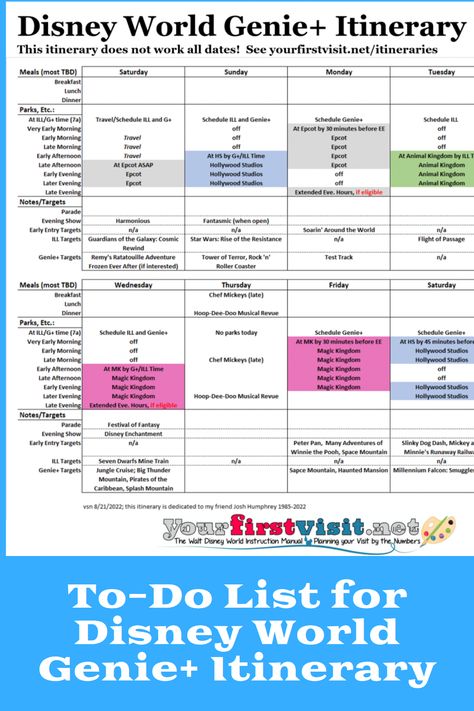 Disney World Planning: These itineraries are based on your arrival date at Disney World and incorporate Genie+ into the plan Disney World Trip Planning Checklist, Disney World Planning Spreadsheet, Wdw Planning Printables, Disney World Itinerary 2023, Genie Plus Disney World 2023, Disney World Rides List 2023 Printable, Disney World 2024 Planning, Disney World Itinerary Template, Disney World Genie Plus Cheat Sheet