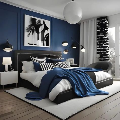 Navy Bedrooms, Blue Bedroom Walls, Dark Blue Bedrooms, Blue Bedroom Design, Navy Blue Bedrooms, Blue Bedroom Decor, Gold Bedroom, Gray Bedroom, Blue Rooms