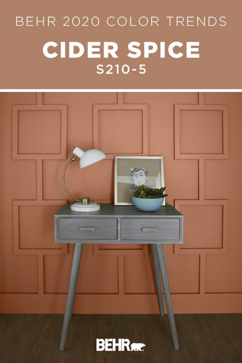 BEHR® Paint in Cider Spice is an earthy clay-toned hue that provides an approachable, livable appearance. As part of the new BEHR® 2020 Color Trends Palette, Cider Spice is designed to bring a fresh new style to your home. Click below for full color details to learn more. 2023 Paint Color Trends, Terra Cotta Paint Color, Behr Paint Colors, Kentish Town, Color Of The Month, Interior Decorating Tips, Adobe House, Pintura Exterior, Behr Paint