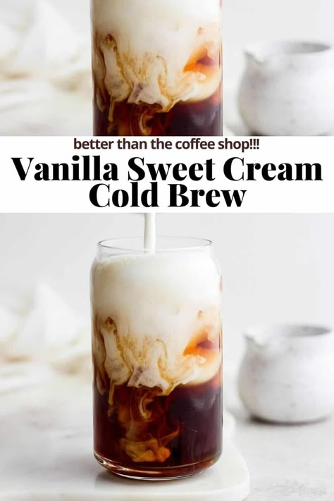 Dairy Free Iced Coffee, Vanilla Sweet Cream Recipe, Summer Cold Drinks, Summer Iced Coffee, Vanilla Cold Brew, Vanilla Sweet Cream Cold Brew, Sweet Coffee Drinks, Sweet Cream Cold Brew, Summer Coffee Drinks