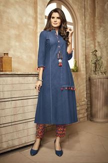 Show details for Haute couture blue designer suit Denim Kurti, Pant Design, Off White Designer, Simple Kurti Designs, Gaun Fashion, Long Kurti Designs, Designer Suit, Cotton Kurti Designs, Kurti Neck Designs