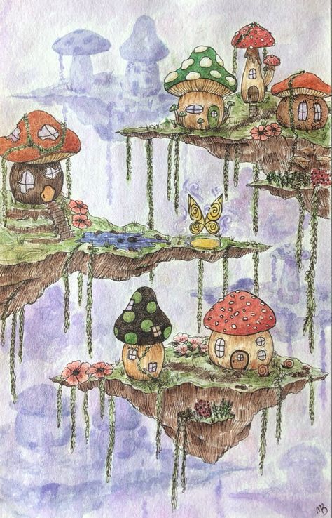 Fairy Garden Village, Fairy House Drawing, Fairy Garden Drawing, Fairy Garden Art, Town Drawing, Village Drawing, Fairy Paintings, Fairy Drawings, Mushroom Drawing