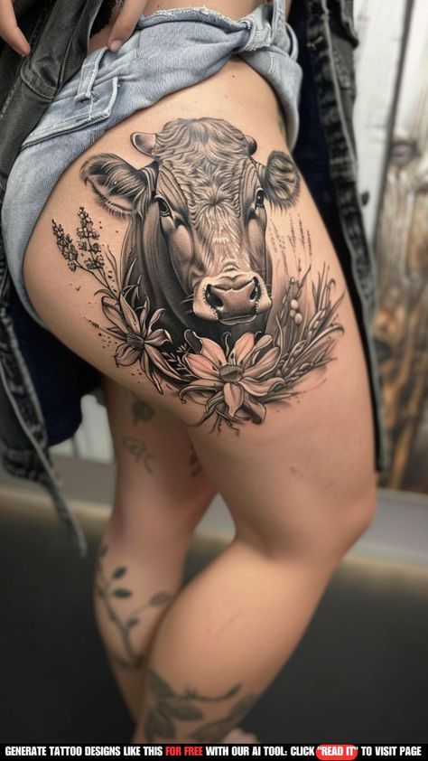 Tattoo Ideas Cow, Cute Cow Tattoo, Hip Tattoos For Women, Hip Tattoo Ideas, Side Tattoos Women, Hip Tattoo Designs, Cowgirl Tattoos, Cow Tattoo, Country Tattoos