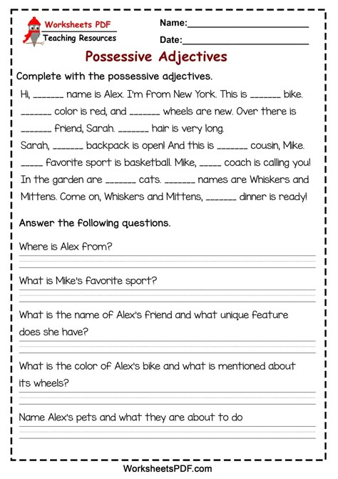 Possessive Adjectives Worksheets, English Hacks, Adjectives Grammar, Adjectives Activities, English Literature Notes, Literature Notes, Adjective Worksheet, Possessive Adjectives, Writing Practice Worksheets