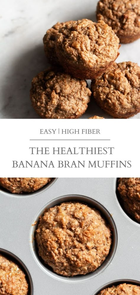 Healthy banana bran muffins with no added sugar. These bran muffins are sweetened with bananas and are high in fiber. Perfect for breakfast or a snack! | Nourished by Caroline #muffins #healthymuffins #vegetarian #vegetarianrecipes #healthyrecipes #breakfast #breakfastrecipes #snack #snackrecipes Banana Oat Bran Muffins, Healthy Bran Muffin Recipe, Wheat Bran Muffins, All Bran Muffins, High Fiber Muffins, Fiber Muffin, Bran Muffins Healthy, Banana Bran Muffins, Oat Bran Muffins