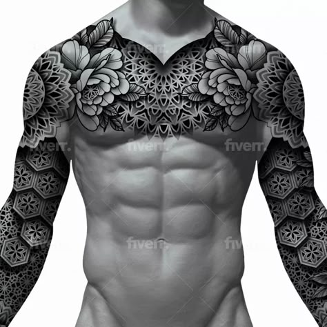 I will create sleeve tattoo design in geometric style Geometric Tattoo Design Chest, Back Geometric Tattoo, Geometric Crown Tattoo, Full Chest Tattoo Men Ideas Unique, Geometric Chest Tattoo Men, Geometric Mandala Tattoo Men, Geometric Chest Tattoo, Geometric Throat Tattoo, Mandala Chest Tattoo