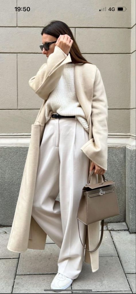 Tonal Winter Outfit, Monochromatic Cream Outfit, All Cream Outfits For Women, Cream Pants Winter Outfit, Ivory Coat Outfit, First Class Flight Outfit, Cream Monochrome Outfit, Longline Coat Outfits, Ivory Pants Outfit