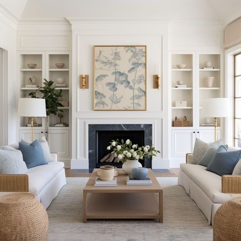 Traditional Living Room With Sectional, Coffee Table Between Two Sofas, Back House Ideas, Nancy Myers Style Living Room, Living Room 2 Couches, Two Different Sofas In Living Room, Transitional Coastal Living Room, White Built Ins Around Fireplace, Built In By Fireplace