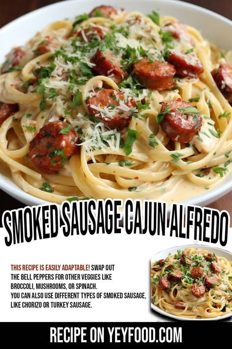 Smoked Sausage Pasta Recipes, Kielbasa Alfredo, Smoked Sausage Cajun Alfredo, Smoked Sausage Recipes Pasta, Sausage Hot Dogs, Cajun Alfredo, Things For Dinner, Cajun Sausage Pasta, Smoked Sausage Pasta