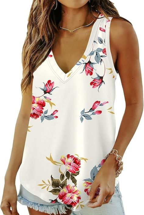 DB MOON Womens Deep V Neck Tank Top Loose Fit 2024 Sleeveless Summer Tops White Floral L at Amazon Women’s Clothing store Trendy Summer Tops, Summer Sleeveless Tops, Sleeveless Tops Summer, Loose Fit Shirts, V Neck Tank Top, Sleeveless Tops, Cami Tanks, Amazon Women, Deep V