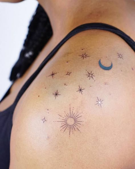 Dainty Sun Moon And Stars Tattoo, Whimsigothic Tattoo Ideas, Shoulder Sun Moon Tattoo, Sun Moon Star Shoulder Tattoo, Shoulder Tattoo Stars And Moon, Sun Moon And Stars Tattoo Shoulder, Shoulder Tattoo Sun And Moon, Starry Shoulder Tattoo, Purple Sun Tattoo