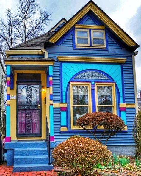 Colorful Home Exterior, Yellow House Purple Shutters, Yellow And Purple House Exterior, Blue House Colorful Door, Yellow Victorian House, Yellow Dollhouse Exterior, Granny Chic Decor, Dreamscape Architecture, Tropical Landscape Design