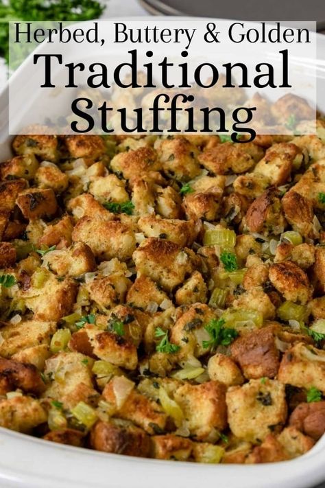 Traditional Bread Stuffing recipe that is absolutely amazing!! This will be your new go-to stuffing recipe for Thanksgiving and the Holidays! Traditional Stuffing Recipe, Homemade Stuffing Recipes, Classic Stuffing Recipe, Traditional Stuffing, Dressing Recipes Thanksgiving, Bread Stuffing, Homemade Stuffing, Thanksgiving Food Sides, Stuffing Recipes For Thanksgiving